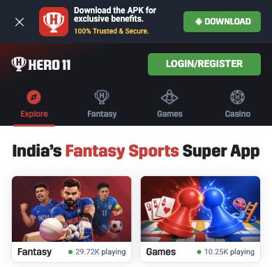 Hero11 mobile homepage with the APK download banner, login button, and Explore, Fantasy, Games and Casino tabs